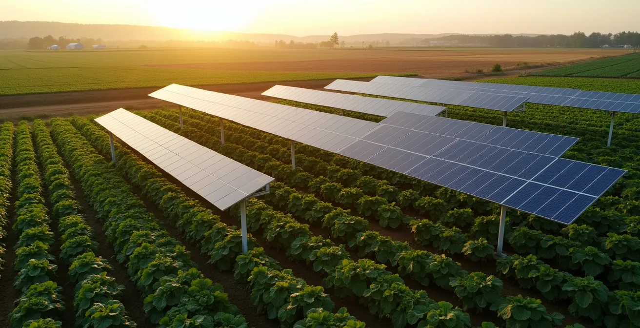 Vista aerea di campo agricolo con pannelli solari integrati sopra filari di colture specializzate