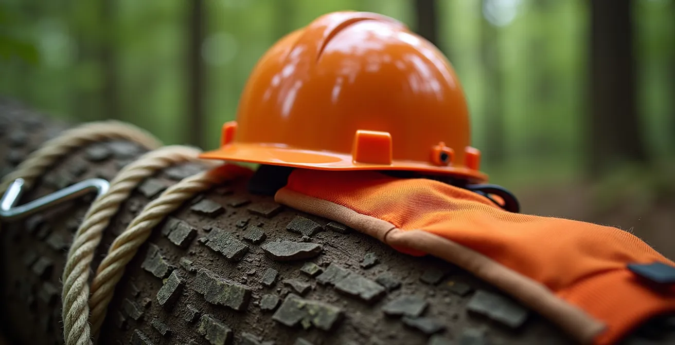 Vista macro di dispositivi di protezione forestale su tronco d'albero