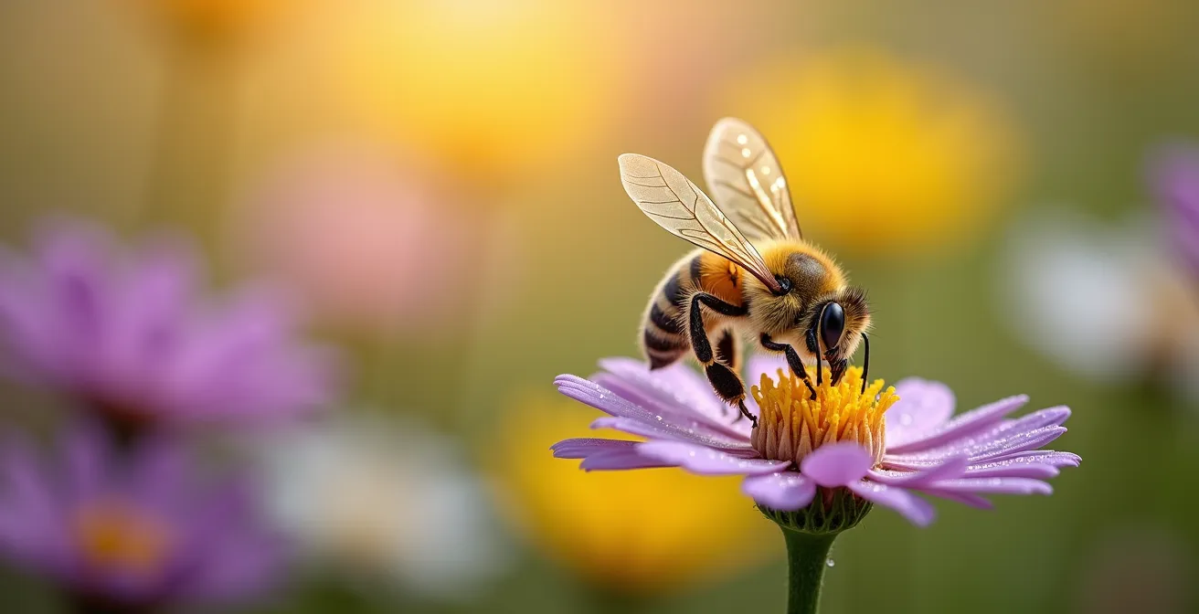 Primo piano di api selvatiche su fiori di campo in un prato polifita aziendale