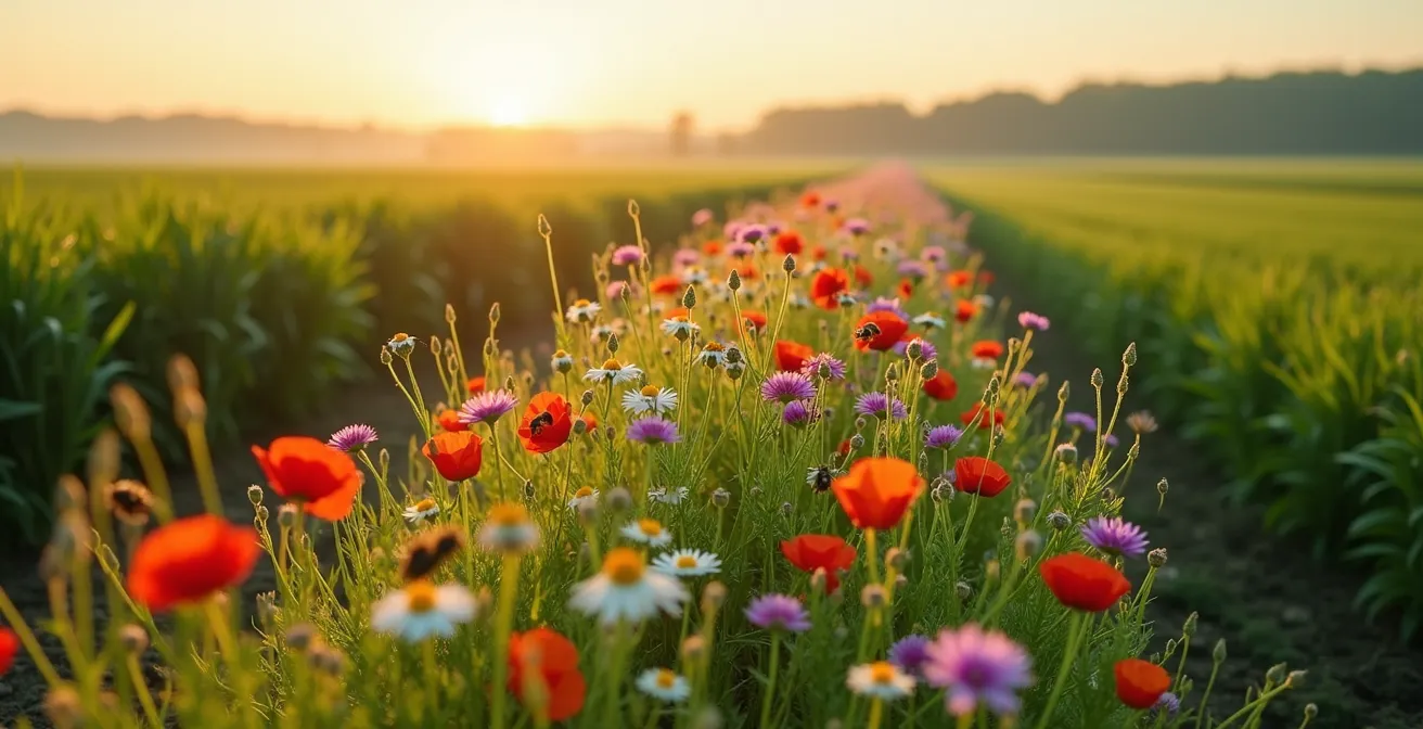 Fascia di rispetto fiorita con insetti impollinatori tra i campi coltivati
