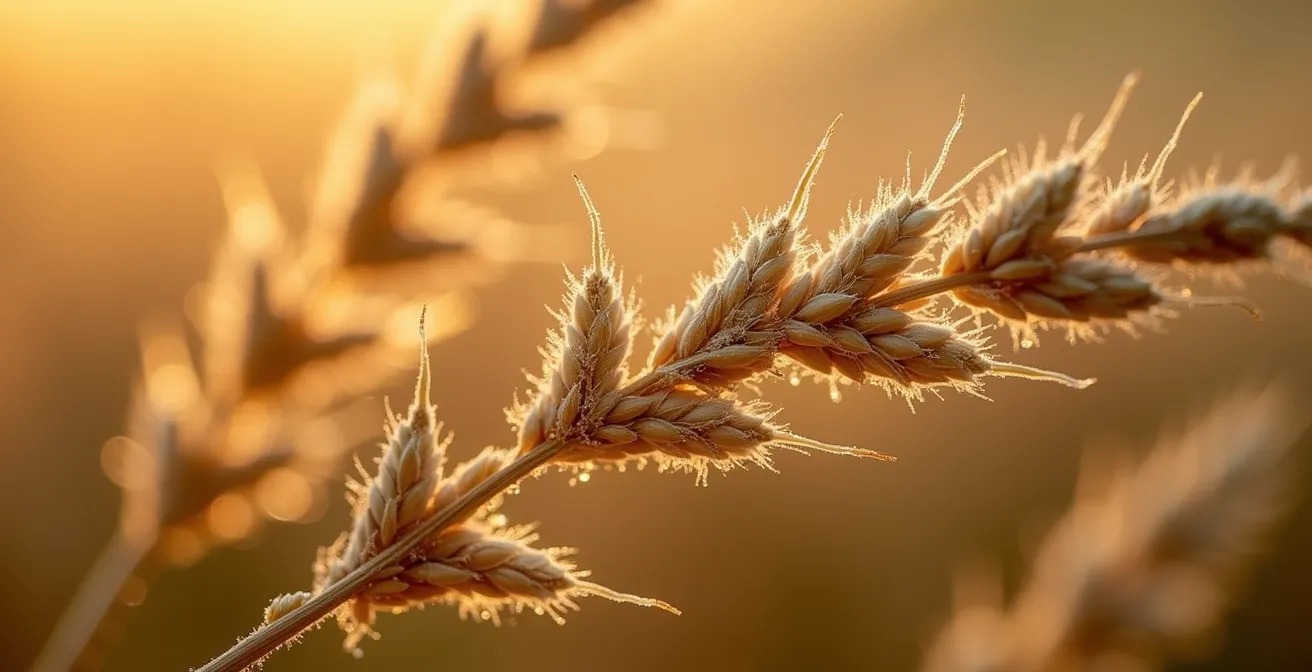 Dettaglio macro di spighe di sorgo, canapa e quinoa in un campo sperimentale