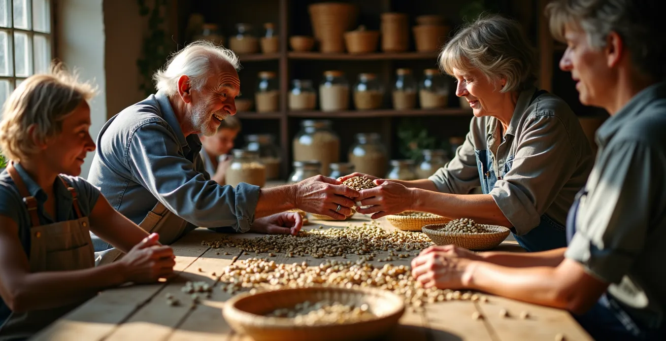 Casa dei semi comunitaria con agricoltori che catalogano e scambiano varietà locali