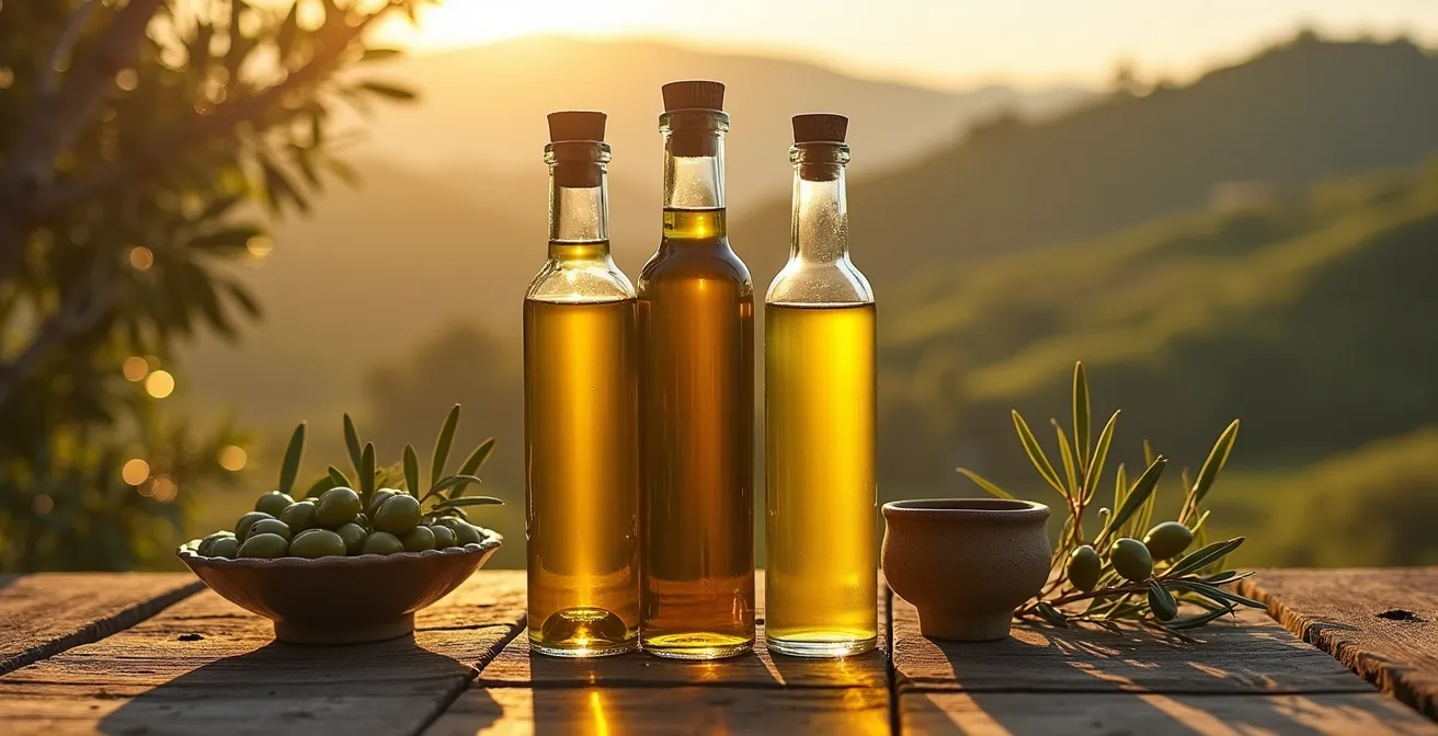 Composizione di bottiglie di olio DOP con sfondo di colline olivate toscane al tramonto