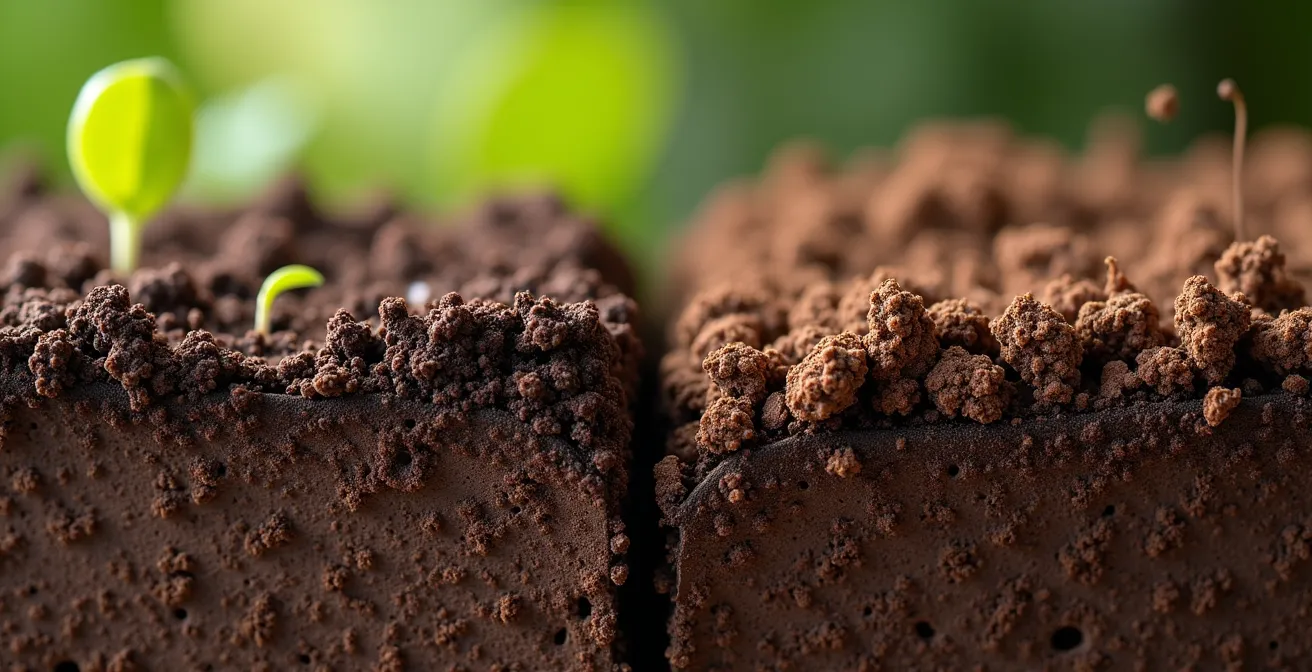 Confronto visivo tra suolo compattato e suolo sano con radici