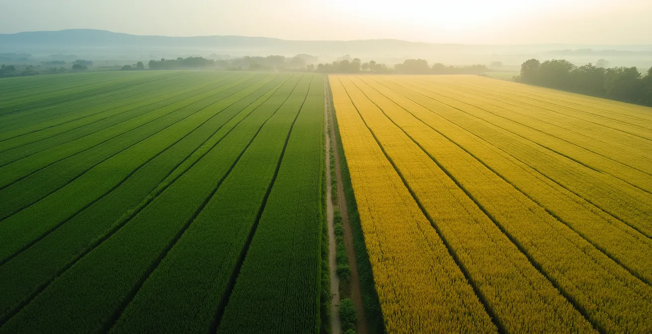 Vista aerea di due campi confinanti con evidenti differenze di resa