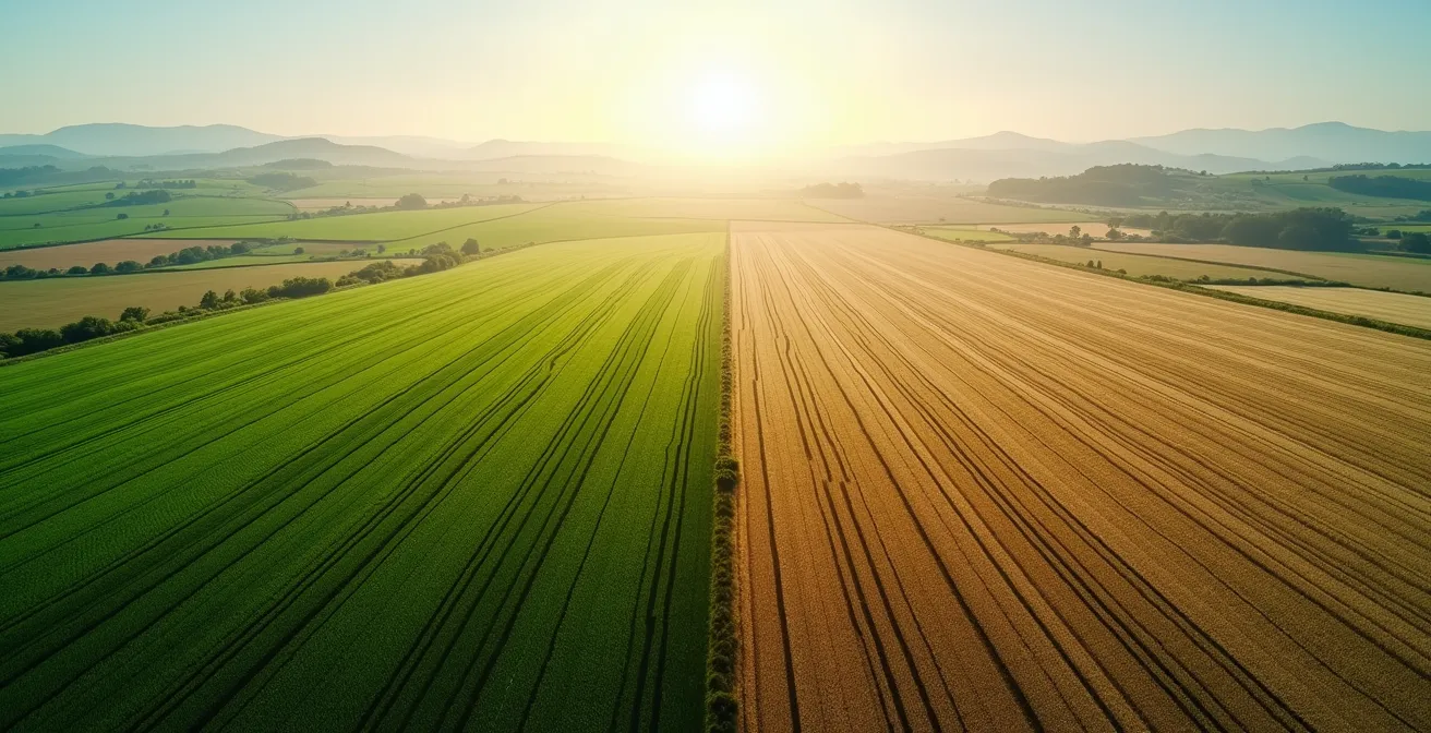 Vista comparativa di monitoraggio agricolo con satellite e drone