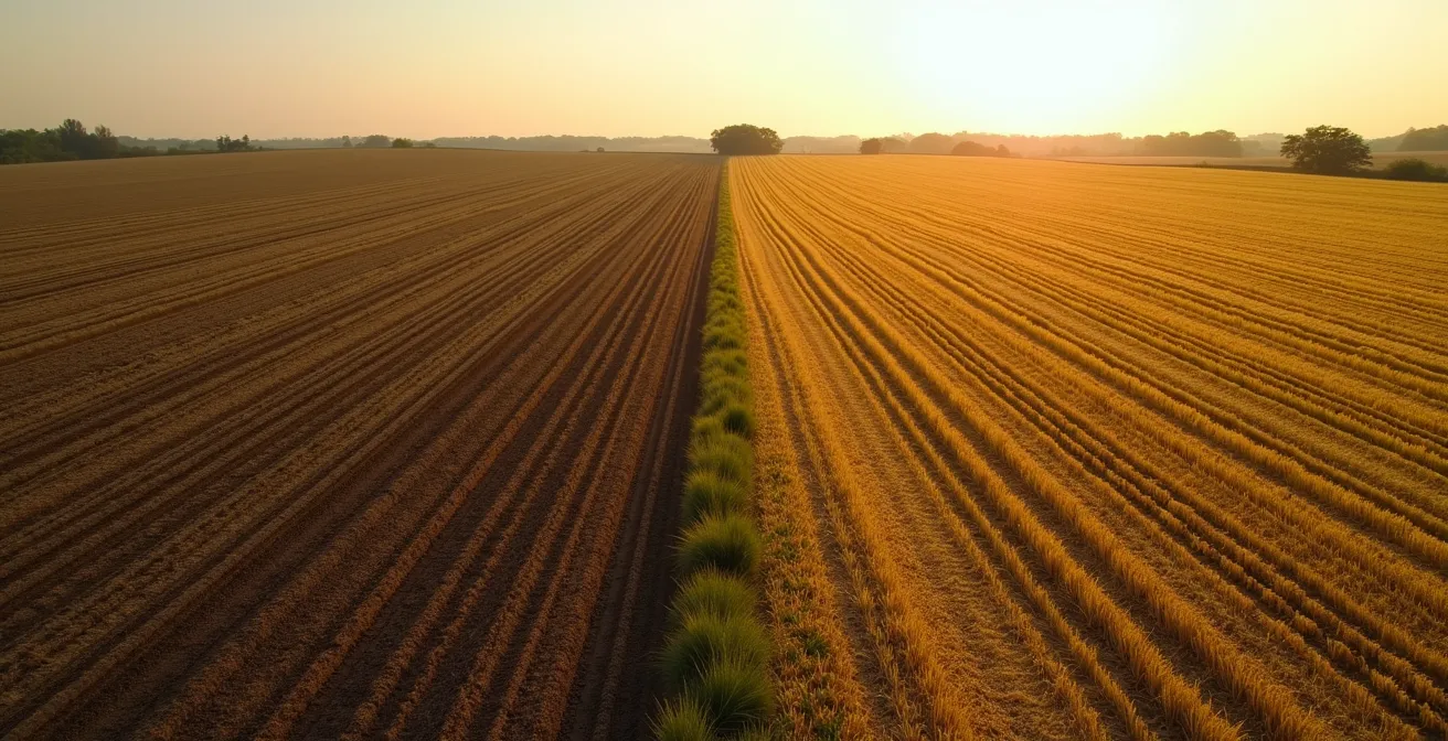 Vista aerea che mostra due campi agricoli adiacenti con tecniche diverse, uno arato e l'altro con copertura di residui.