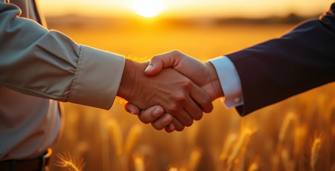 Stretta di mano tra agricoltore e rappresentante industriale con campo di grano sullo sfondo