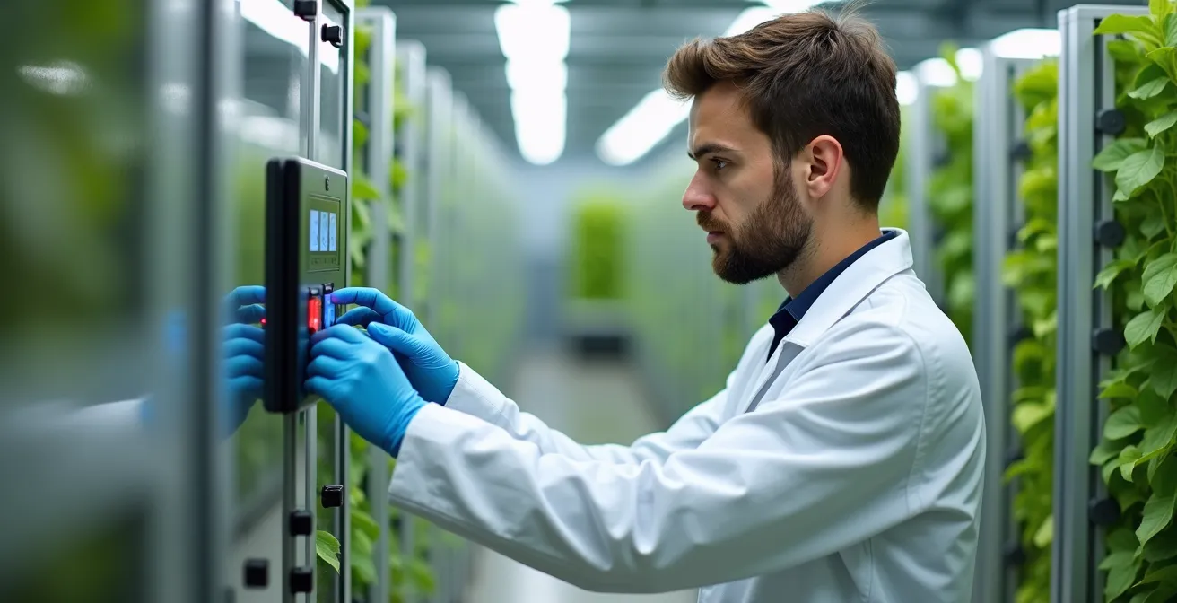Operatore monitora parametri ambientali su pannello di controllo in serra tecnologica