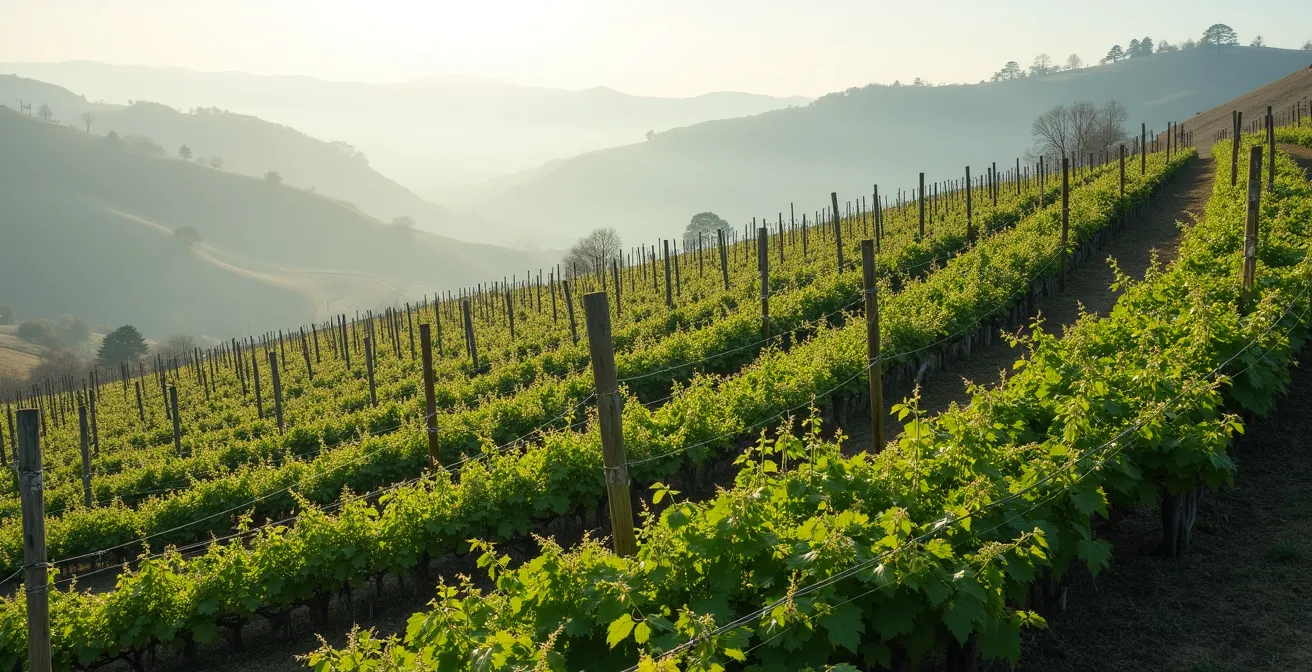 Vista ampia di vigneto invernale con copertura vegetale verde tra i filari su pendio collinare