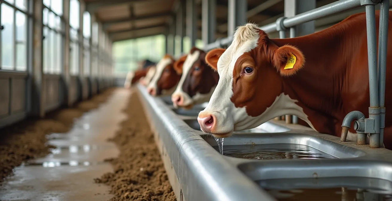 Vista ambientale di un'area di abbeverata progettata ergonomicamente con accesso multiplo per ridurre la competizione sociale tra bovini