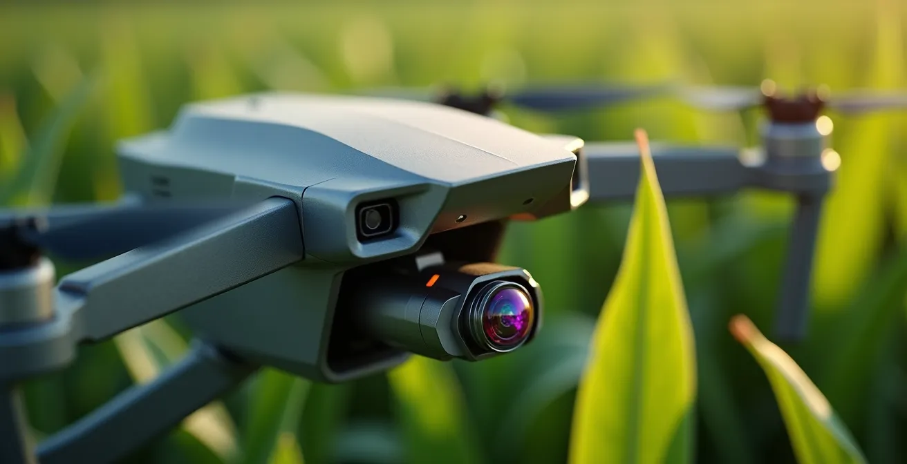 Drone con sensori multispettrali che sorvola un campo agricolo per il rilevamento precoce dei sintomi
