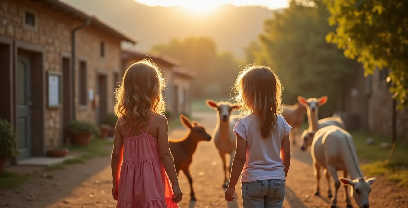 Bambini che osservano animali da fattoria in un ambiente didattico all'aperto
