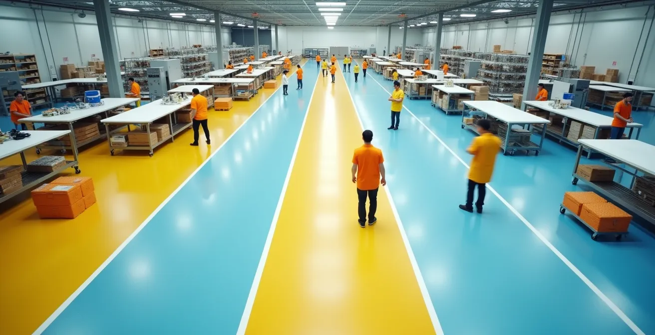 Vista aerea di uno stabilimento alimentare con zone colorate per la separazione degli allergeni, che illustra un flusso di lavoro organizzato.