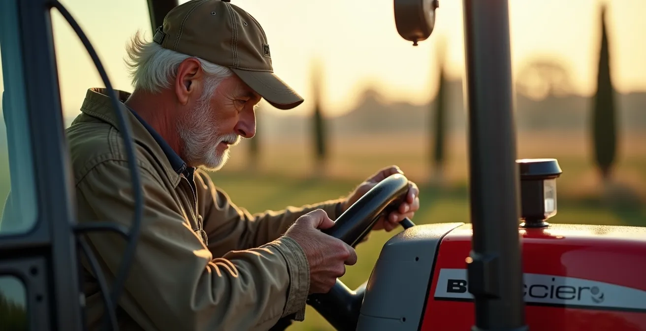 Operatore agricolo controlla un trattore moderno con dispositivi di sicurezza