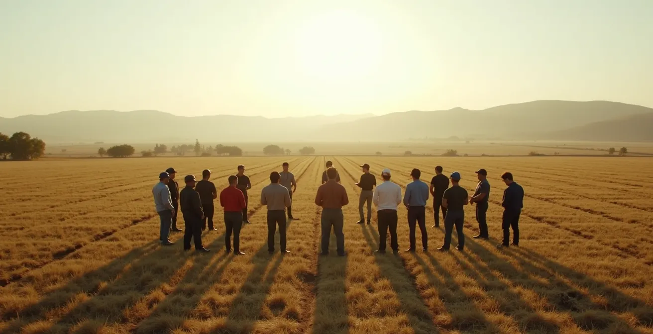 Gruppo di lavoratori stagionali in formazione all'aperto