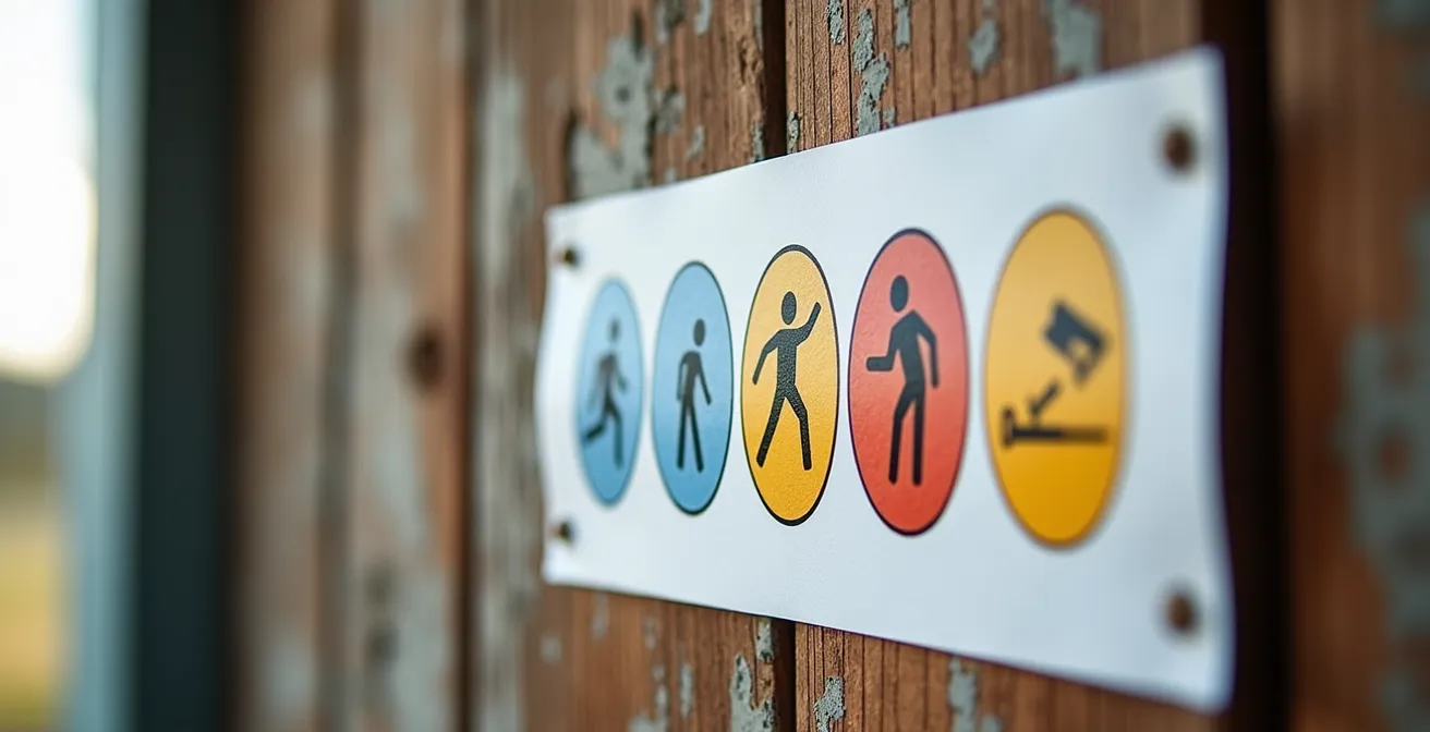 Poster illustrato multilingue per sicurezza in agricoltura con pittogrammi universali