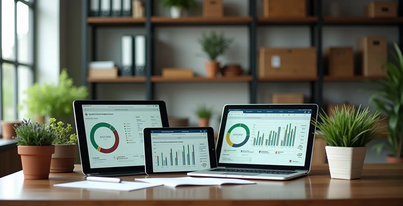 Ufficio agricolo con sistema digitale di gestione documentale e mappe colturali su monitor