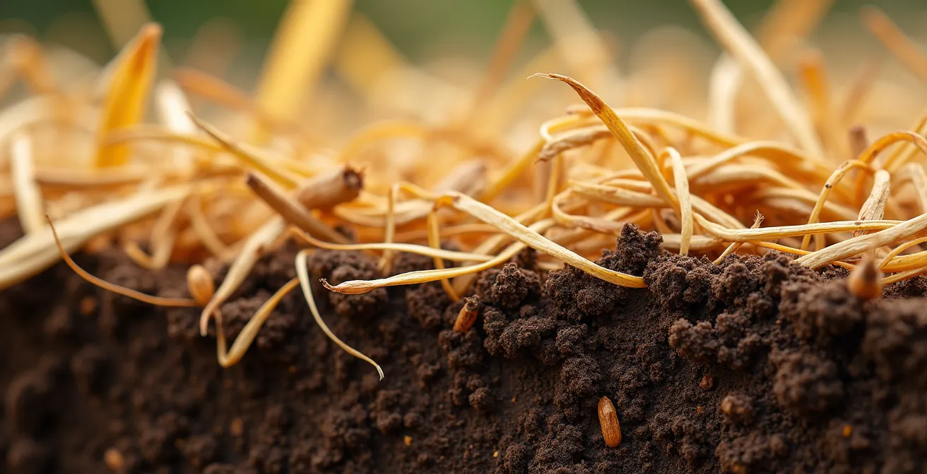 Dettaglio macro di residui colturali sul terreno che mostrano la decomposizione naturale.