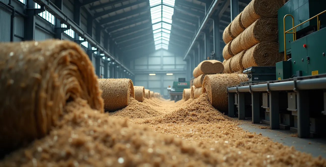 Vista ampia di un moderno impianto di stigliatura della canapa con macchinari e balle di fibra