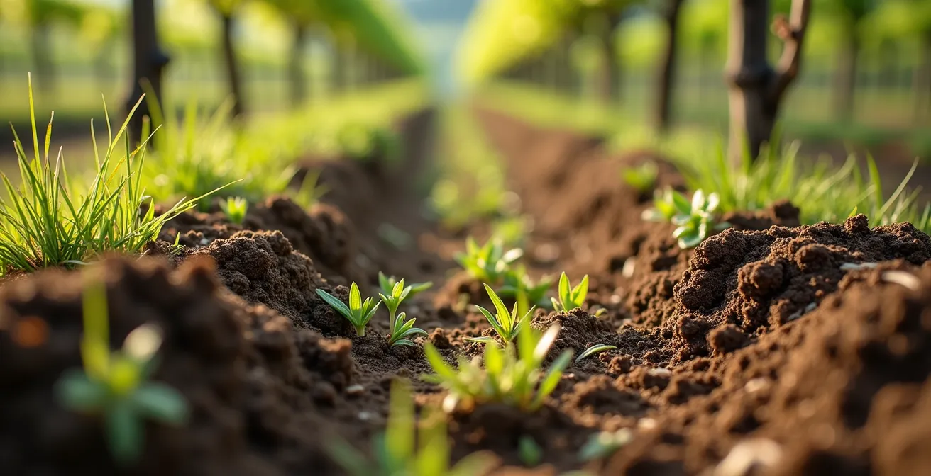 Dettaglio ravvicinato del terreno inerbito tra i filari del vigneto