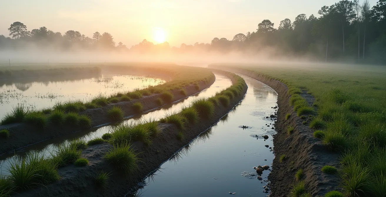Sistema integrato di canali, stagni e fasce boscate per la gestione idrica in un'azienda agricola