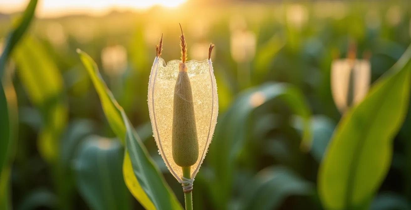 Campo sperimentale con barriere di mais alte per isolamento varietale e gabbie di rete