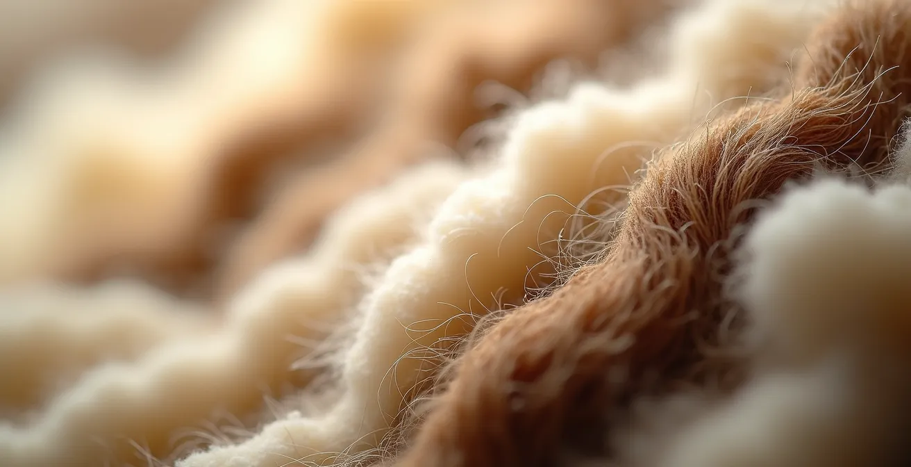Dettaglio macro di fibre di lana naturale con texture e colori delle lane autoctone italiane
