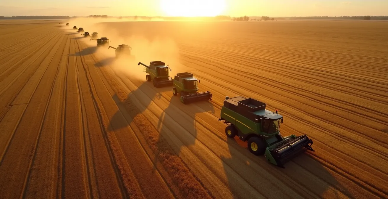 Vista aerea di mietitrebbie e rimorchi coordinati durante operazioni di raccolta
