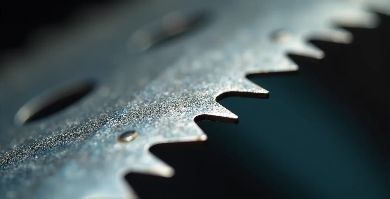 Dettaglio ravvicinato di lame falcianti in acciaio con texture e usura visibile