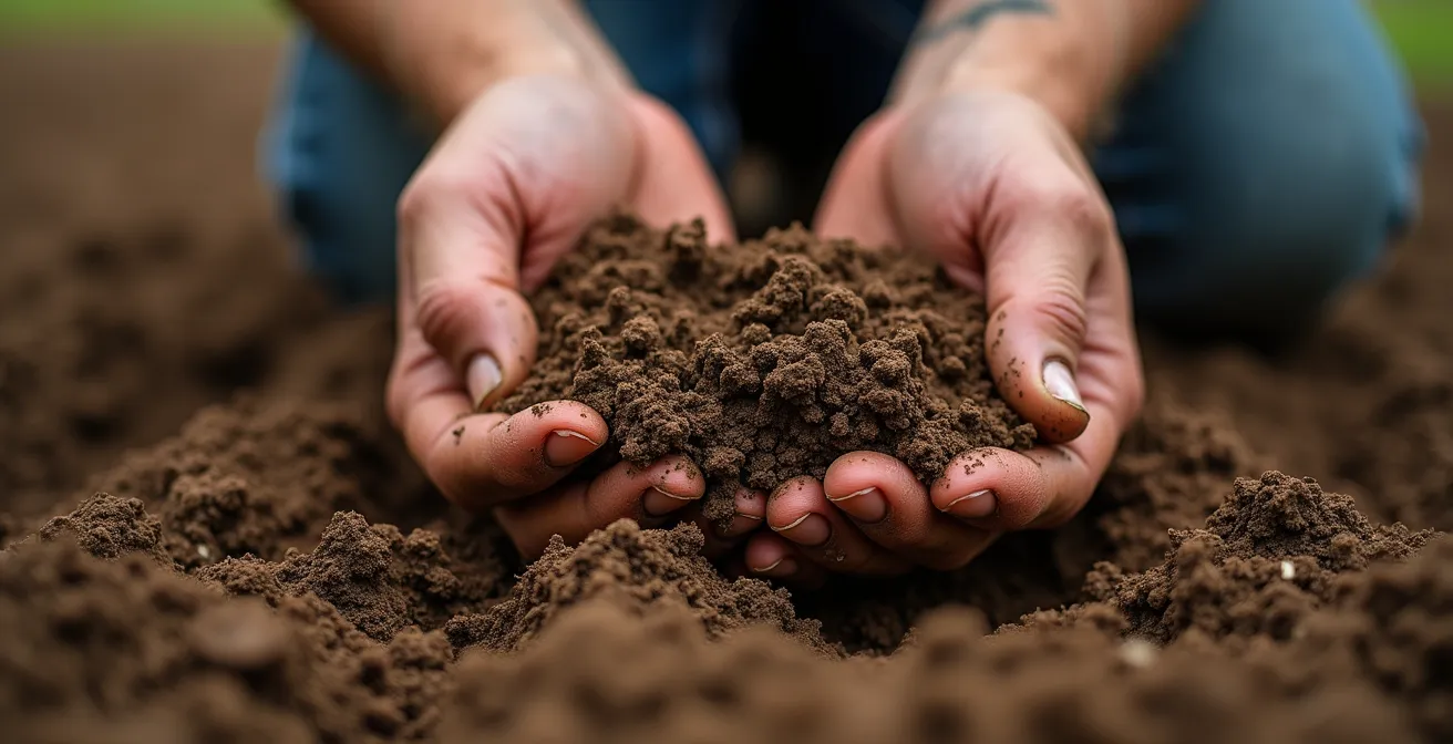 Vista macro di mani che lavorano il terreno con texture e dettagli naturali