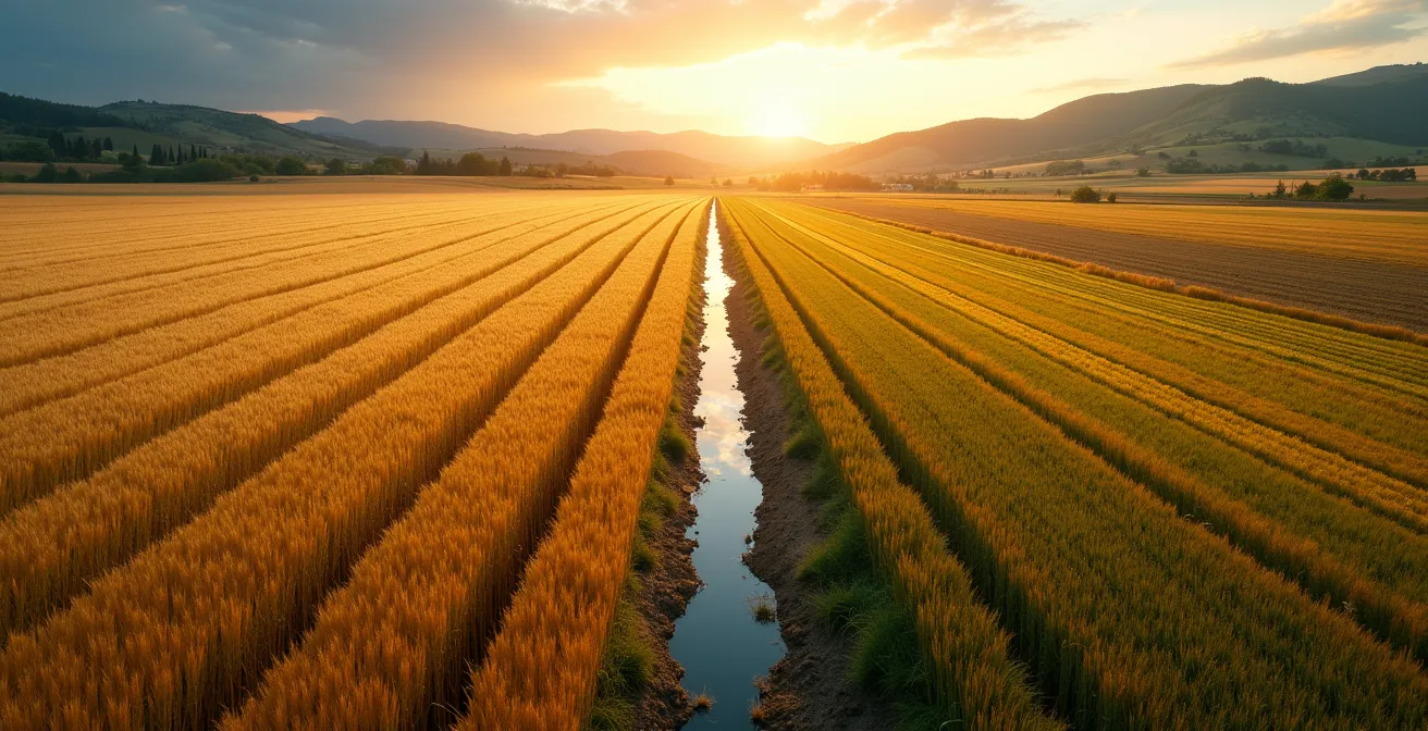 Mappa termica digitale dell'Italia con proiezioni climatiche sovrapposte a campi agricoli