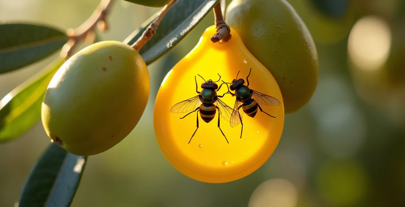 Dettaglio ravvicinato di trappola cromotropica gialla con mosca olearia su foglie di olivo
