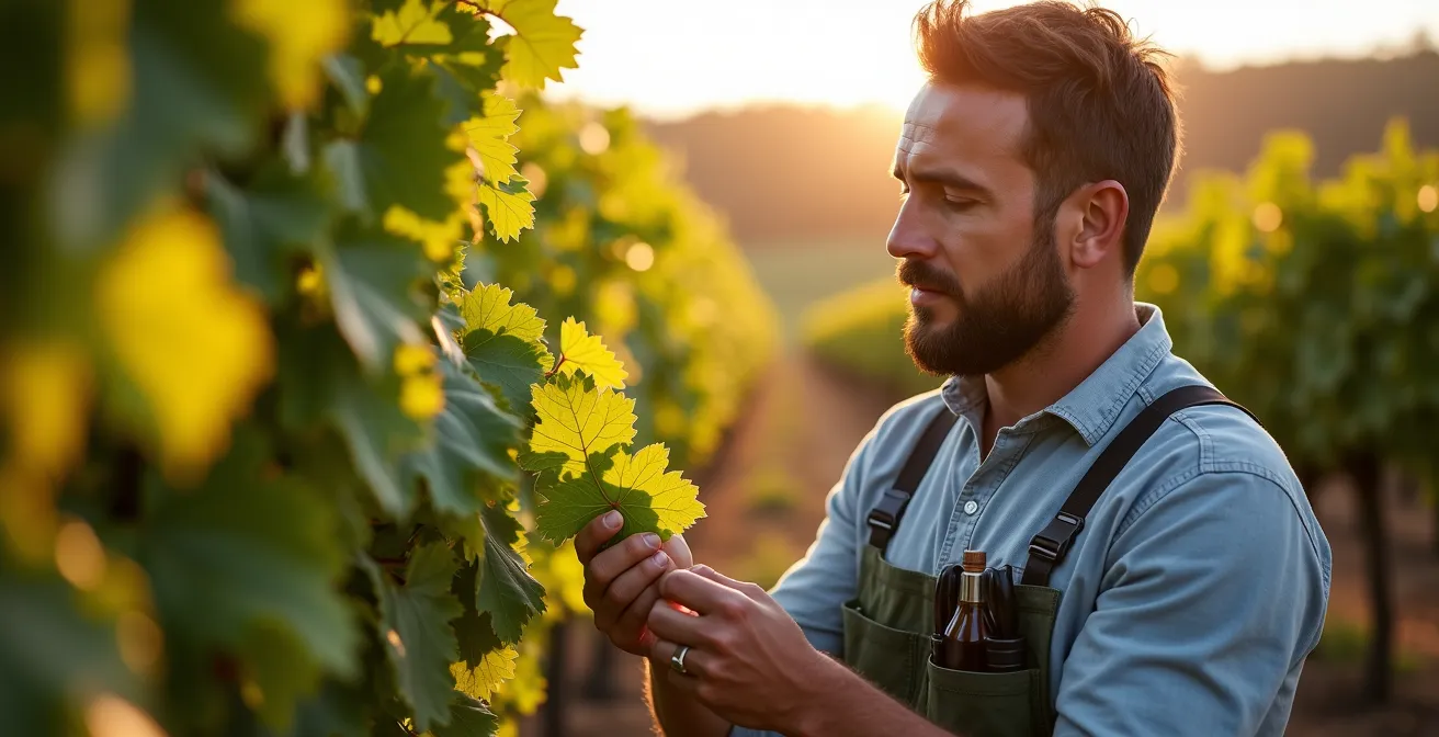 Viticoltore che misura il potenziale idrico con camera a pressione