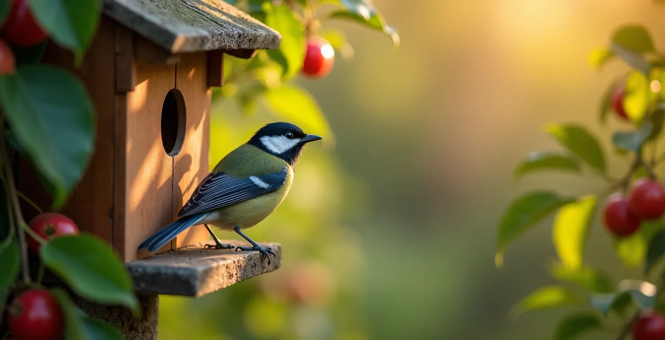 Nido artificiale installato su albero da frutto con cinciallegra