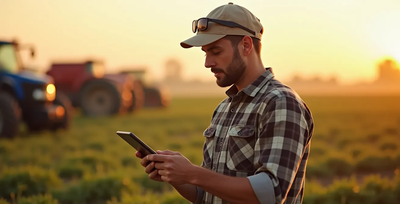 Agricoltore moderno in un campo con un tablet, mentre gestisce documenti e scadenze in modo digitale e professionale.