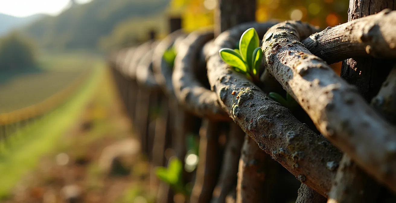 Dettaglio ravvicinato di palificata viva con salici intrecciati per consolidamento versante viticolo