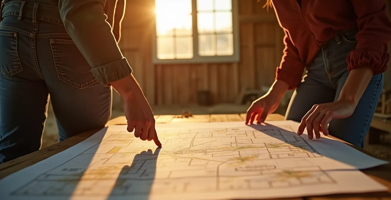 Giovane agricoltore che pianifica il futuro dell'azienda agricola con documenti PAC