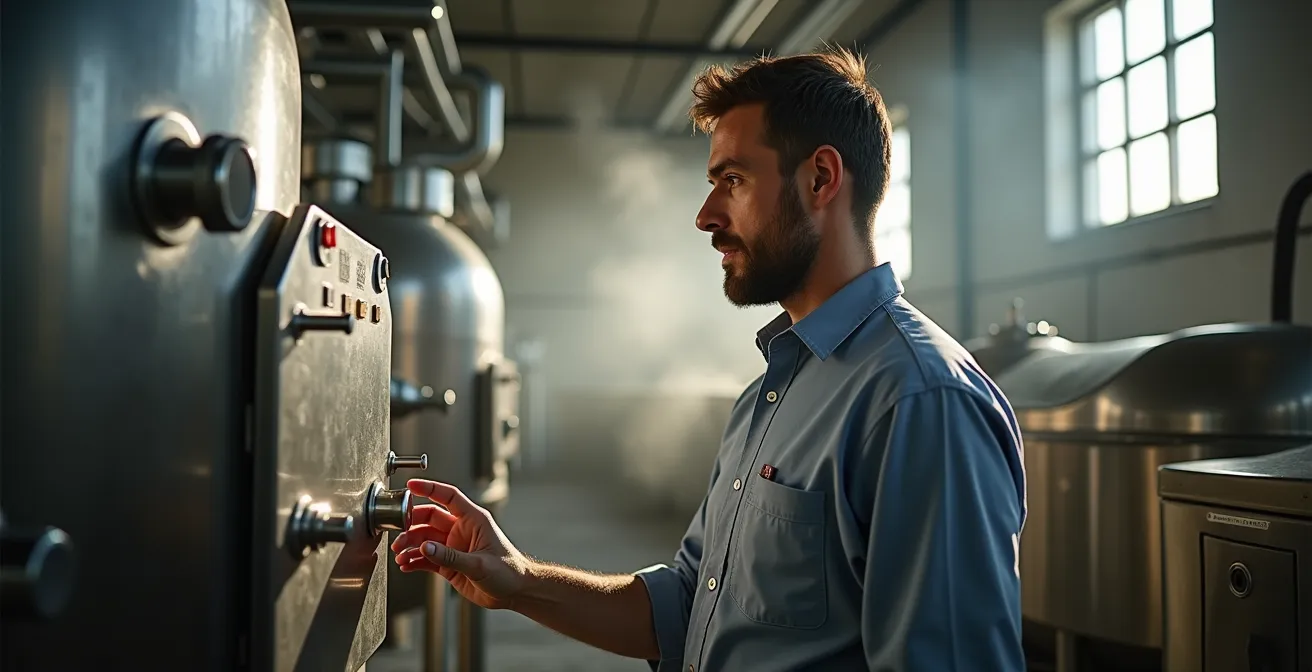 Vista laterale di gramole moderne in acciaio inox con pasta di olive in lavorazione in frantoio