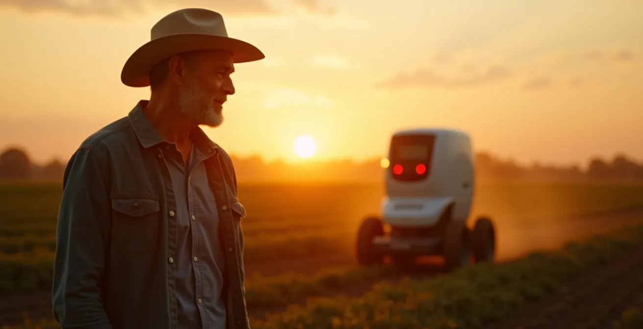 Robot agricolo autonomo con sistema di visione artificiale che opera in un campo coltivato