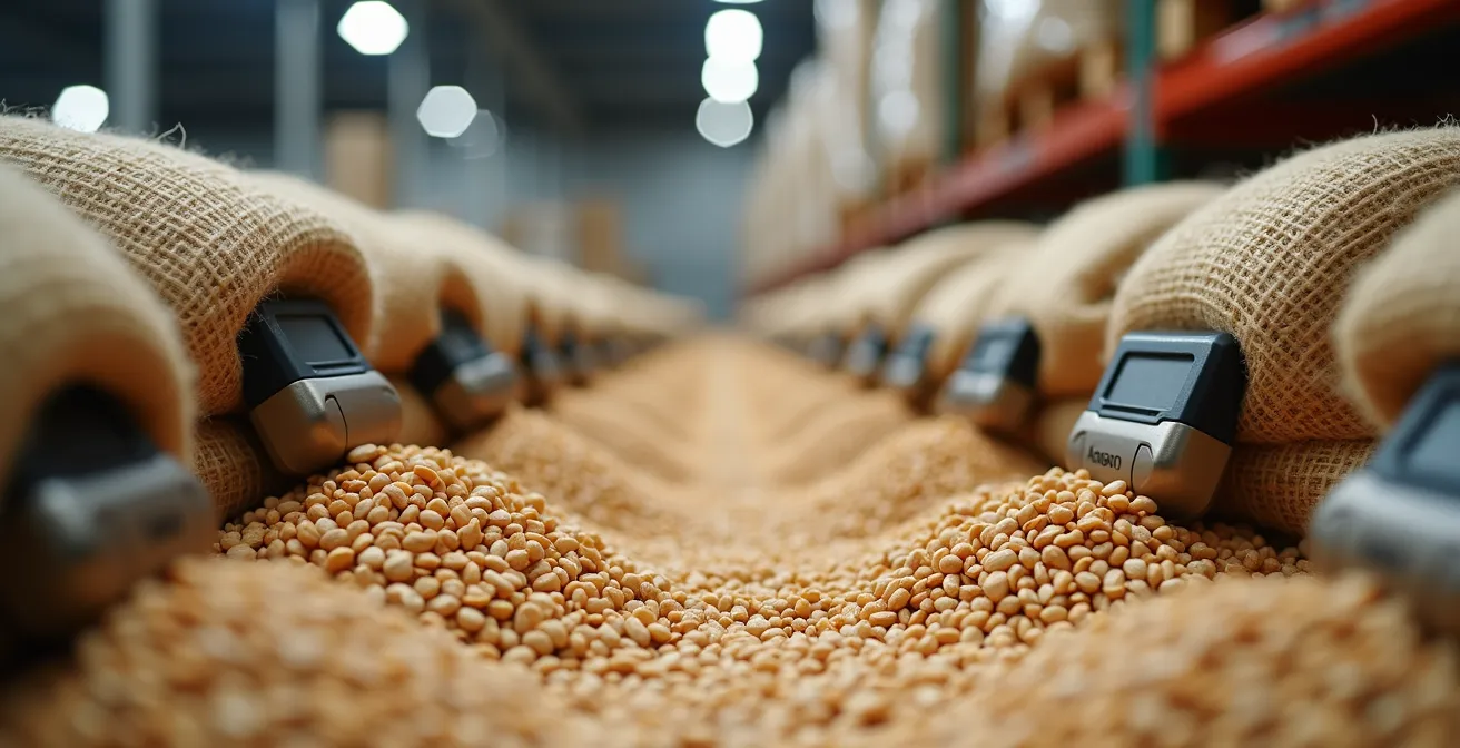 Vista macro di sensori wireless su sacchi di sementi in magazzino agricolo moderno