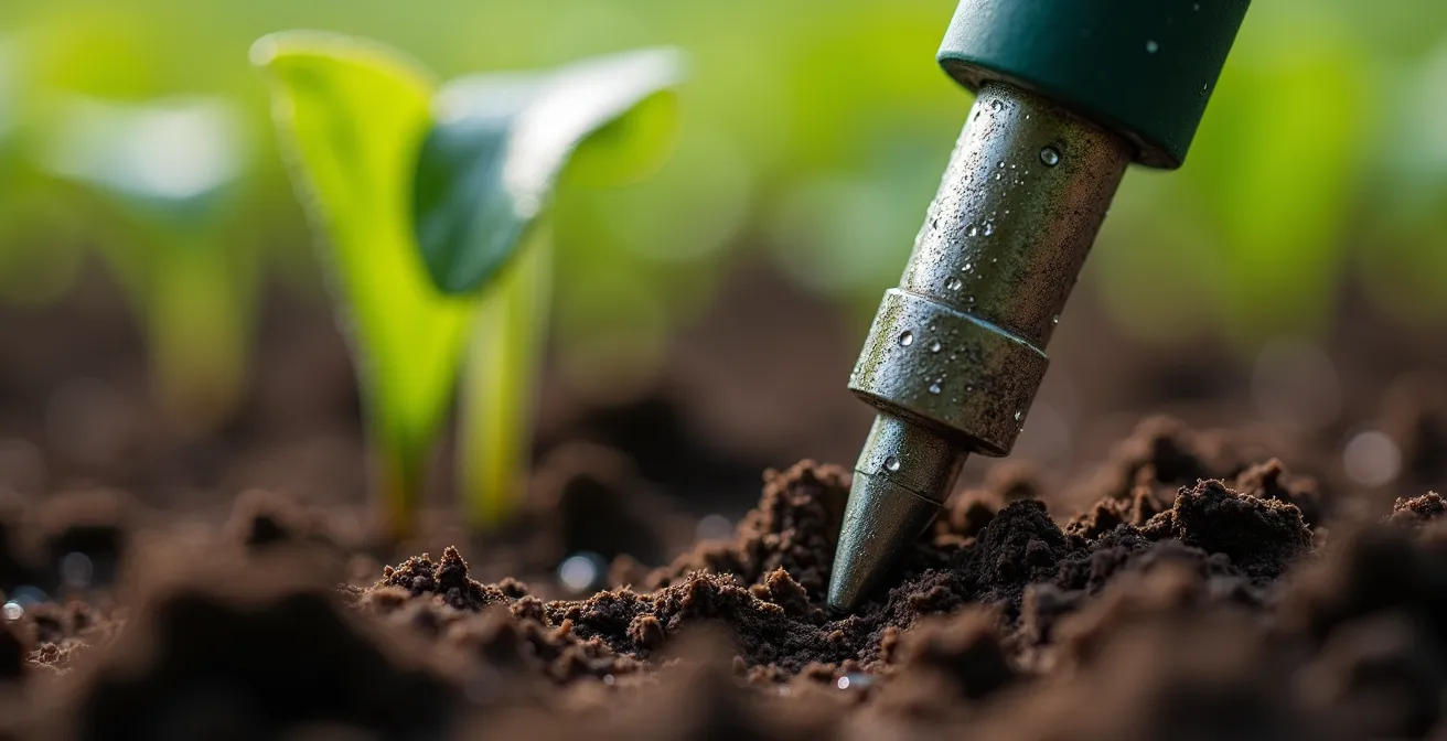 Sensore di umidità del suolo installato tra filari di colture