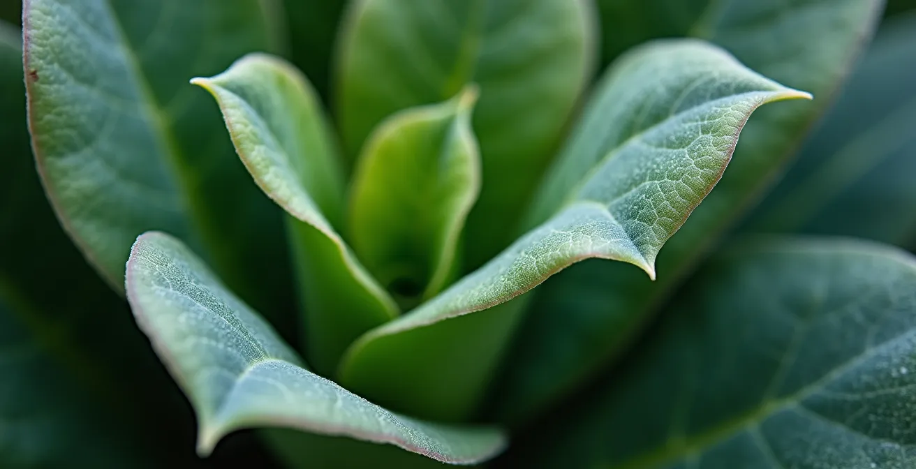 Dettaglio ravvicinato di foglie che mostrano i primi sintomi di stress idrico, come un leggero viraggio del colore e perdita di turgore.