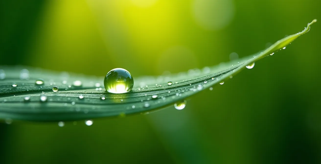 Dettaglio macro di foglie di mais con gocce di rugiada che evidenzia il processo di traspirazione