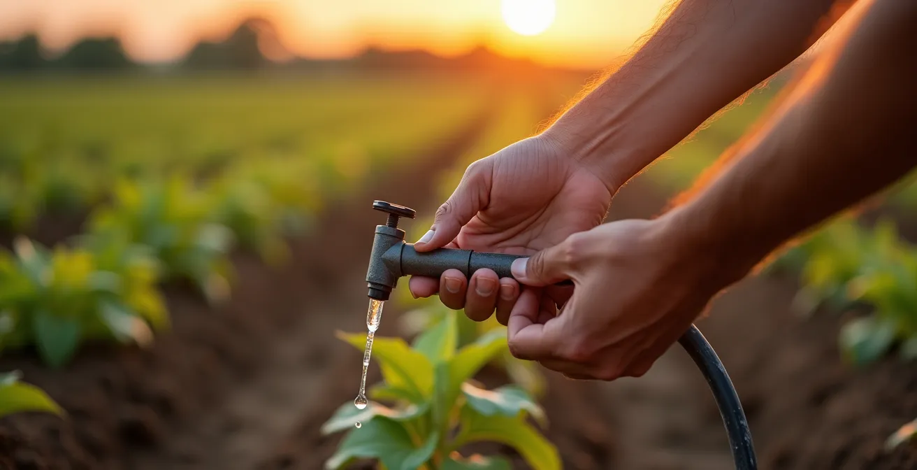 Sistema di irrigazione a goccia in funzione su campo coltivato mostrando la precisione della distribuzione idrica