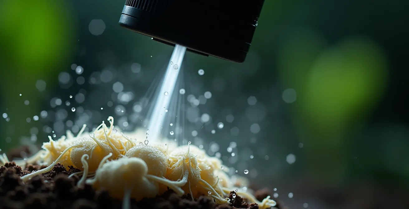 Macro dettaglio di ugelli che nebulizzano soluzione nutritiva su radici bianche sospese