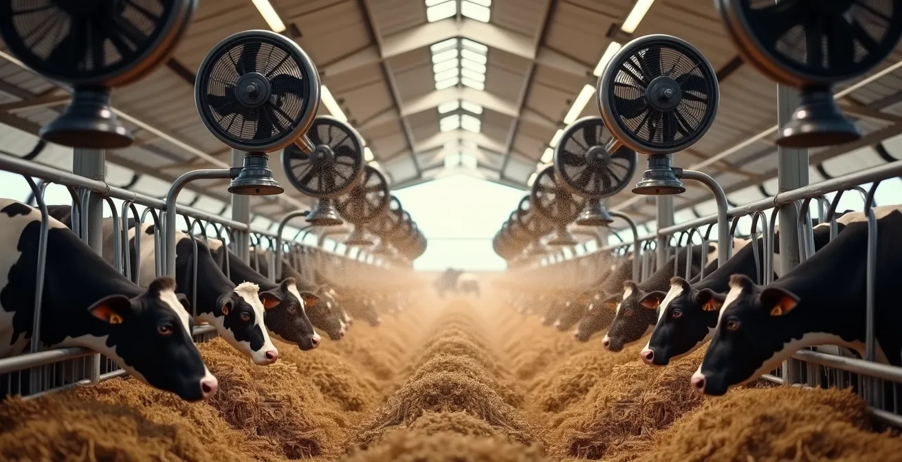 Sistema di ventilazione con ventilatori a soffitto installati sopra la corsia di alimentazione in una stalla per bovini da latte