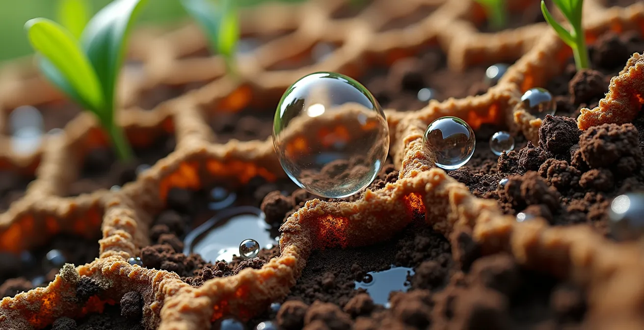 Dettaglio macro della struttura del suolo ricco di sostanza organica che mostra la capacità di ritenzione idrica