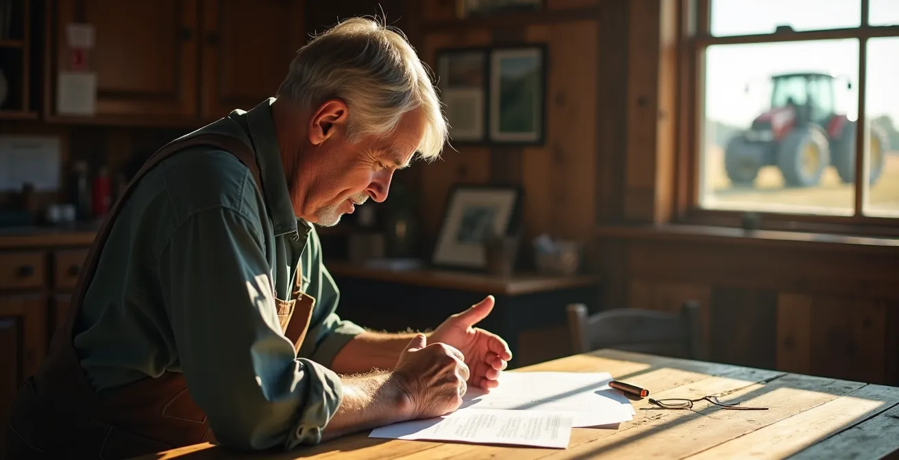 Agricoltore che valuta documenti di una startup tecnologica