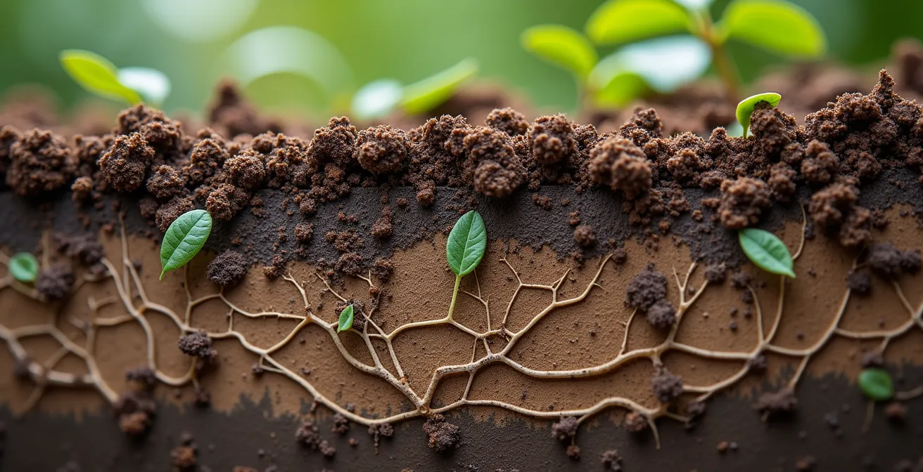 Vista macro del suolo fertile con radici, micorrize e materia organica visibile